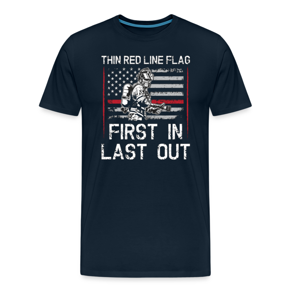Men's Premium T-Shirt - Thin Red Line Flag - First In - deep navy