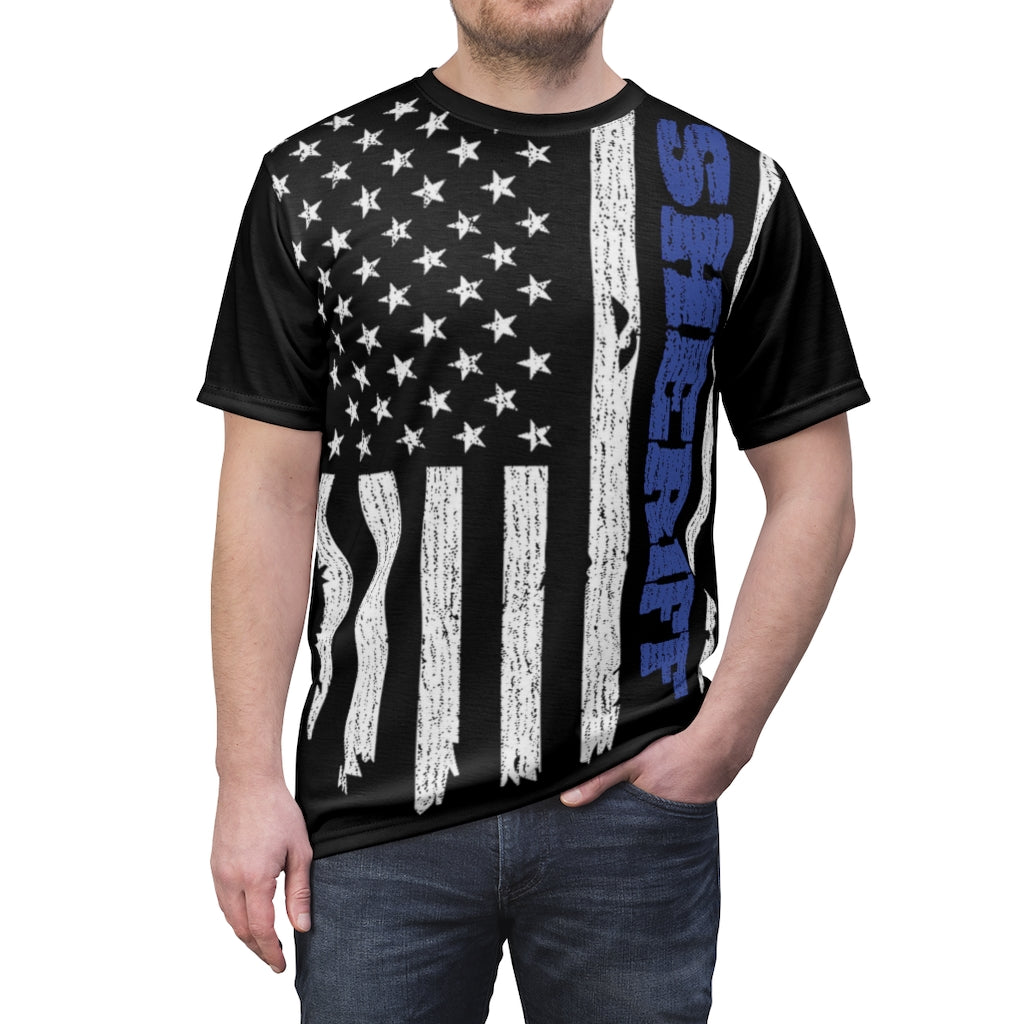 Unisex AOP Cut & Sew Tee - Sheriff Blue Line Vertical Flag