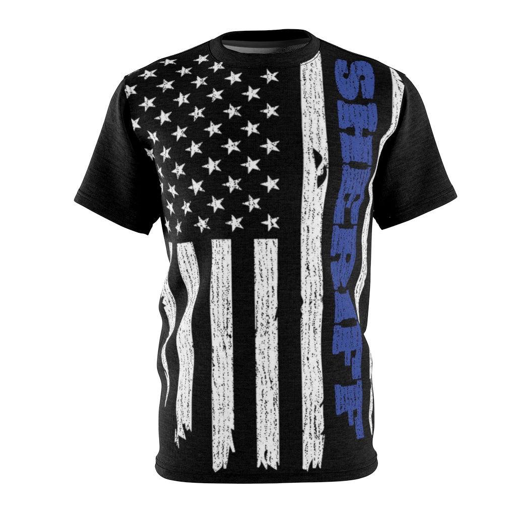 Unisex AOP Cut & Sew Tee - Sheriff Blue Line Vertical Flag