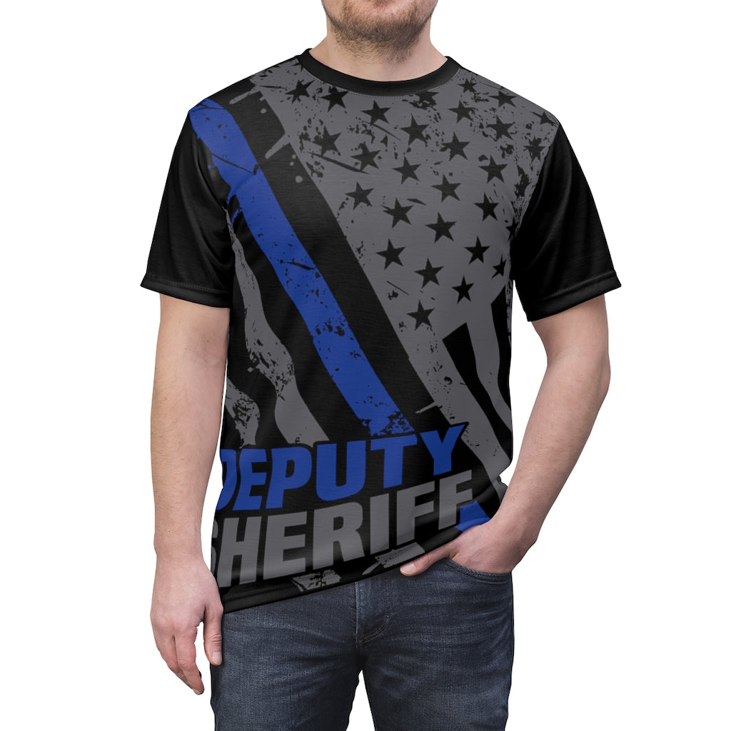Unisex AOP Cut & Sew Tee - Deputy Sheriff Blue Line Flag