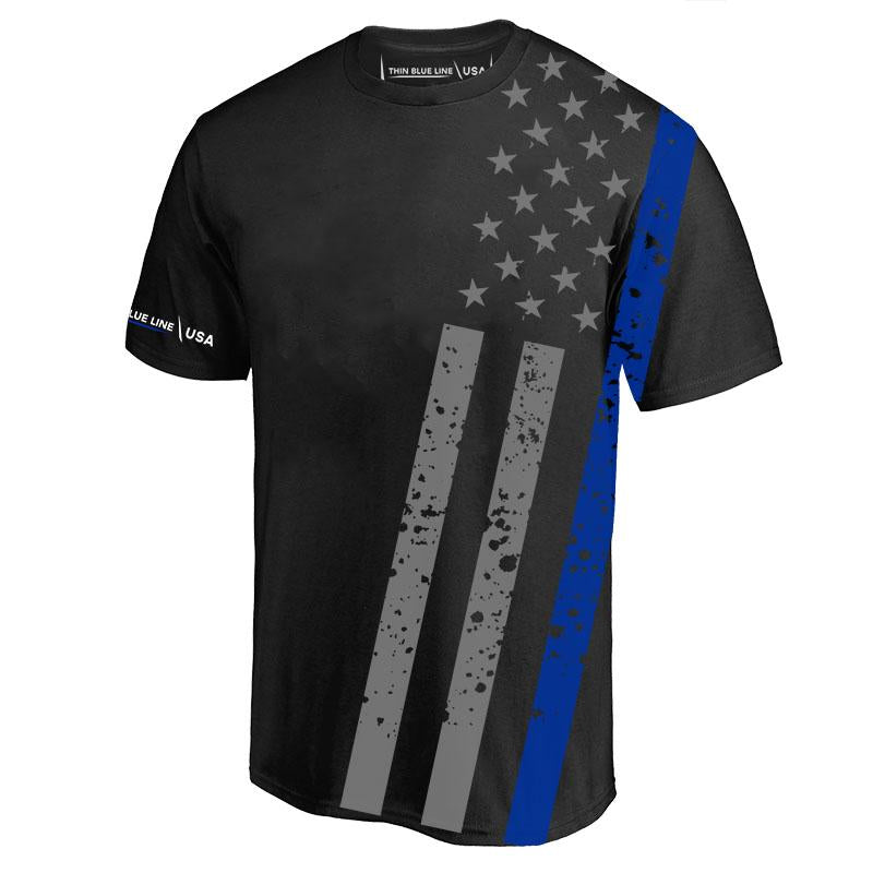 Athletic, Dry Wicking Men's Shirt - Distressed Thin Blue Line Flag