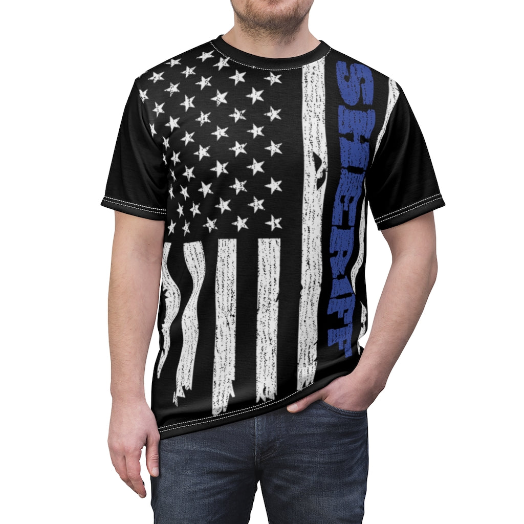 Unisex AOP Cut & Sew Tee - Sheriff Blue Line Vertical Flag