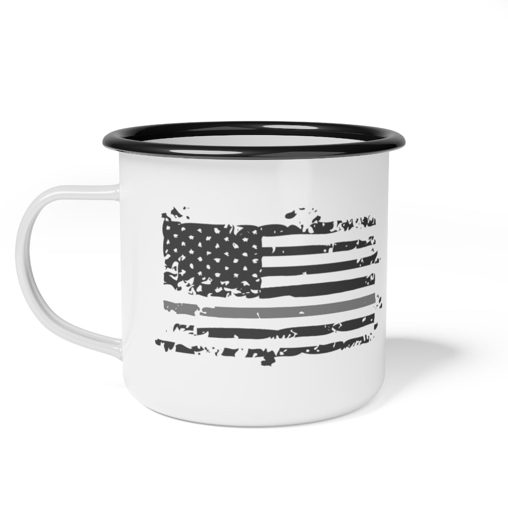 Enamel Camp Cup 12oz - Thin Silver Line Distressed Flag