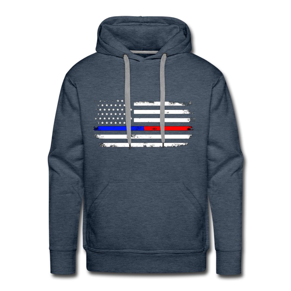 Men’s Premium Hoodie -  Distressed Thin Red Line / Blue Line - heather denim