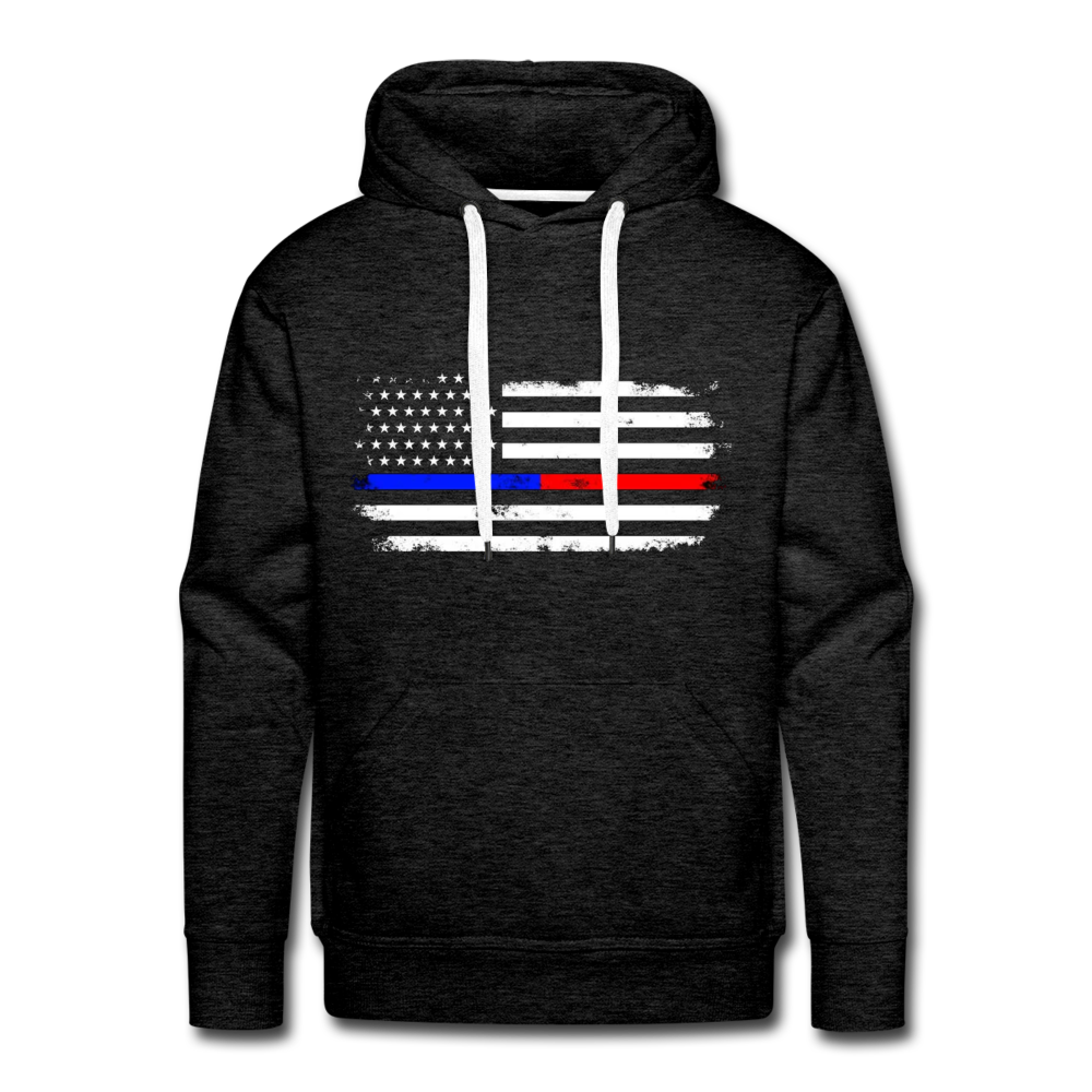 Men’s Premium Hoodie - Distressed Thin Red Line / Blue Line - charcoal grey