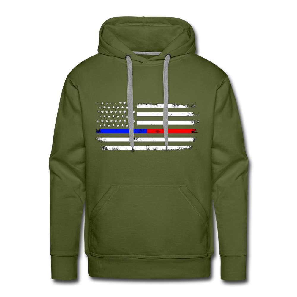 Men’s Premium Hoodie -  Distressed Thin Red Line / Blue Line - olive green