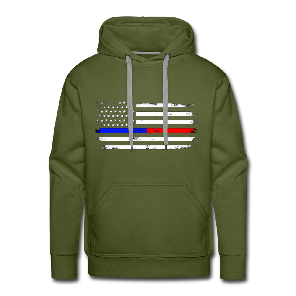 Men’s Premium Hoodie - Distressed Thin Red Line / Blue Line - olive green