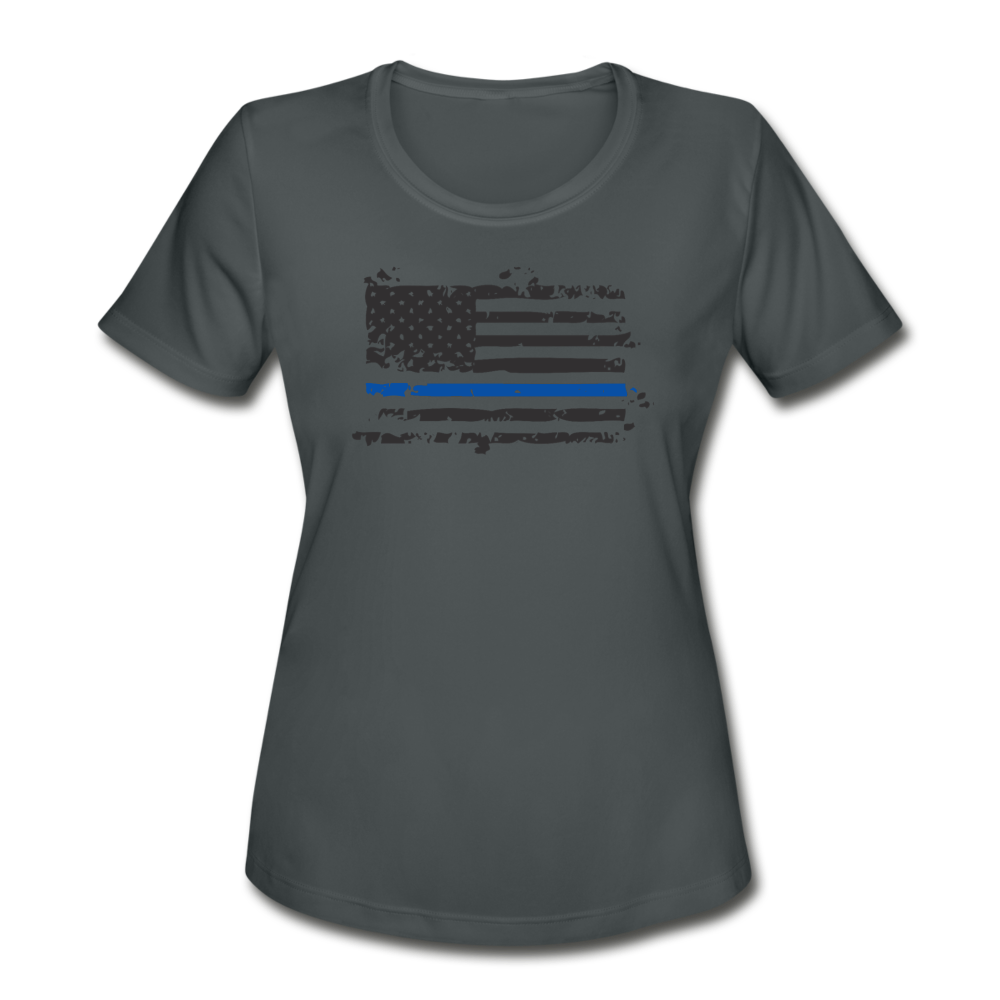Women's Moisture Wicking Performance T-Shirt - Distressed Blue Line flag - charcoal
