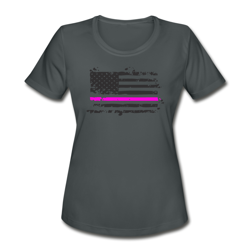 Women's Moisture Wicking Performance T-Shirt - Pink Line Flag - charcoal