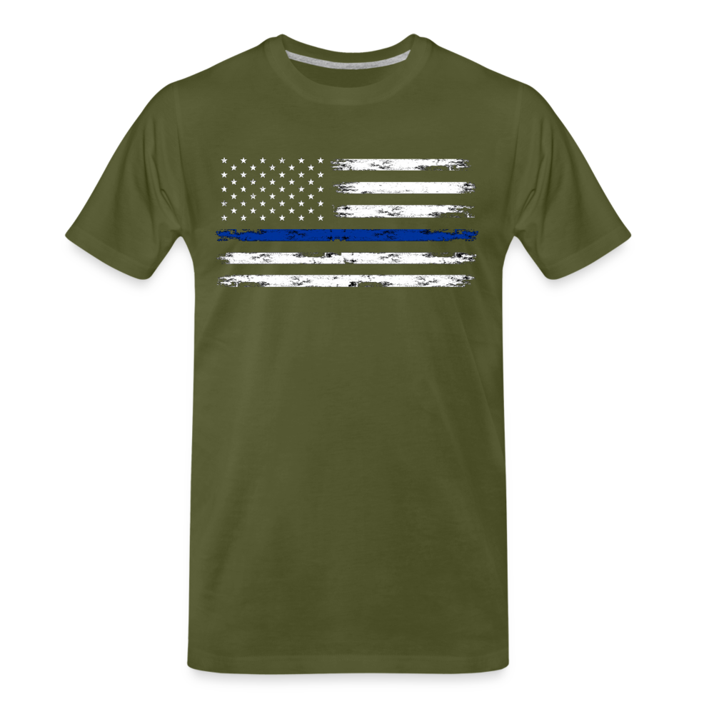 Men's Premium T-Shirt - Distressed Blue Line Flag - olive green