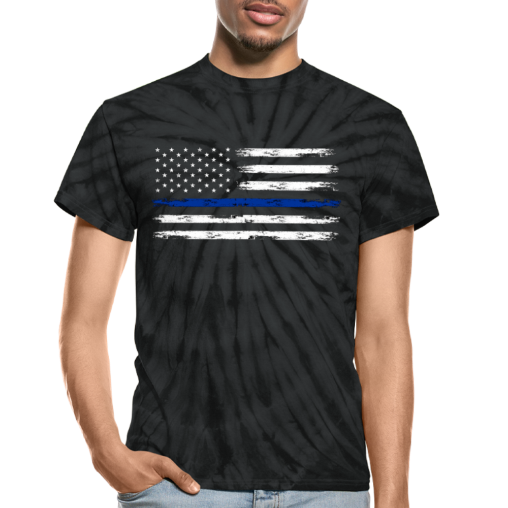 Unisex Tie Dye T-Shirt - Distressed Blue Line Flag - spider black