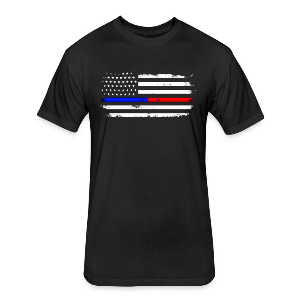 Unisex Poly/Cotton T-Shirt by Next Level - Distressed Thin Red Line / Blue Line Flag - black