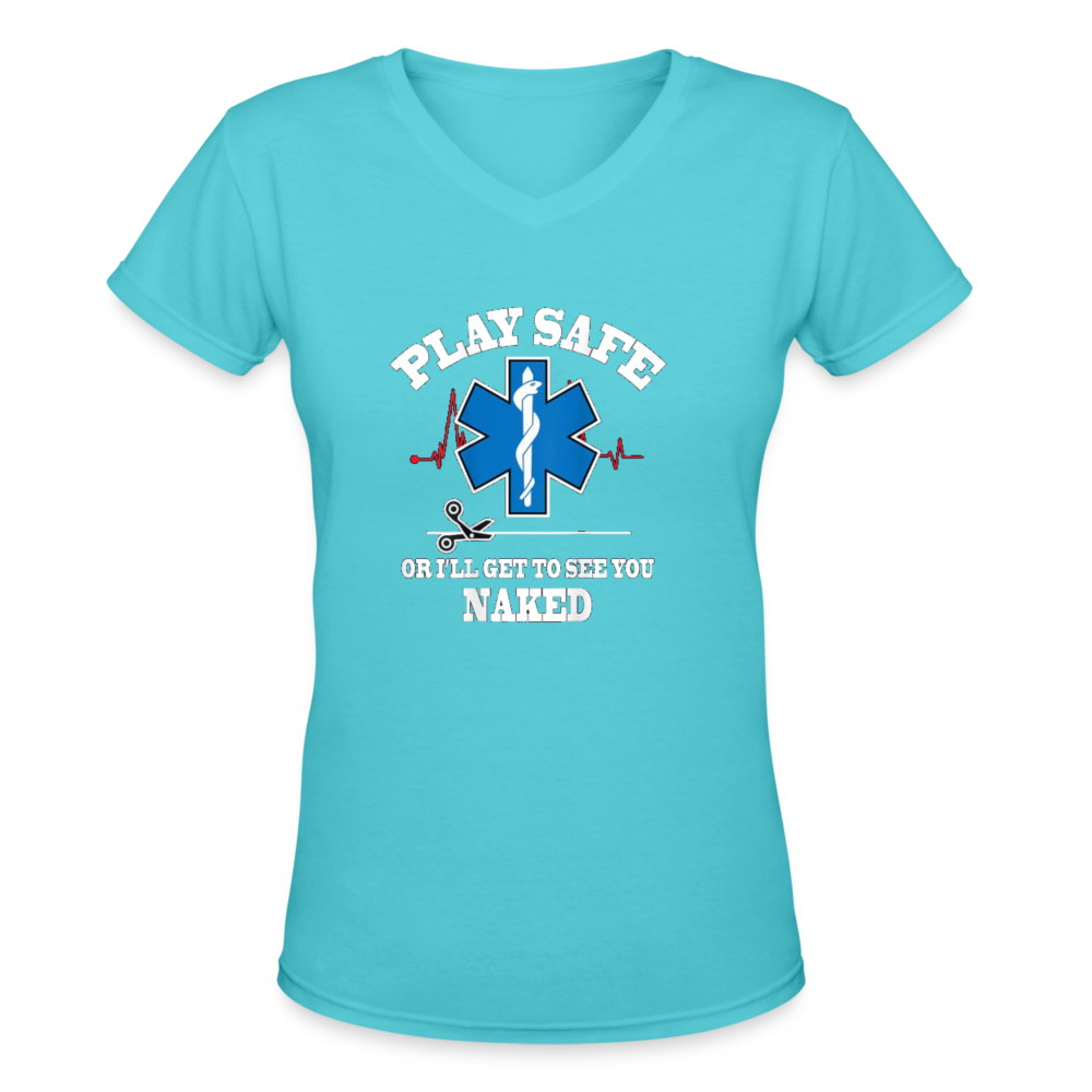 Women's V-Neck T-Shirt - Play Safe EMS - aqua