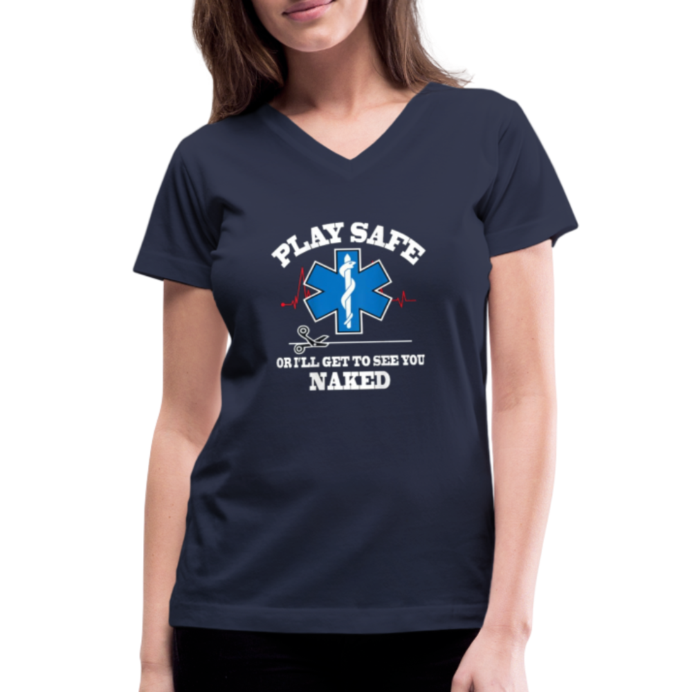 Women's V-Neck T-Shirt - Play Safe EMS - navy