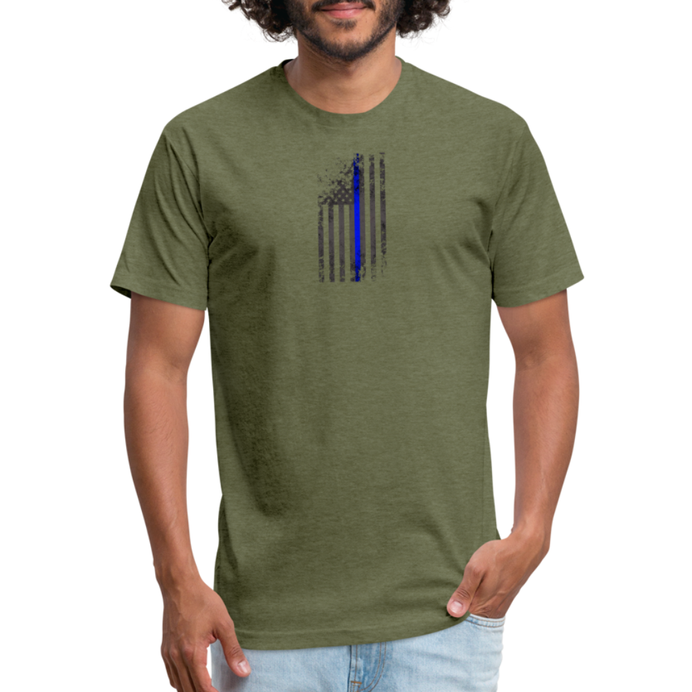 Unisex Poly/Cotton T-Shirt by Next Level - Thin Blue Line Distressed Vertical Flag - heather military green