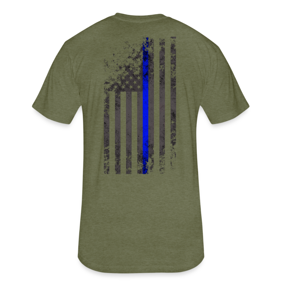 Unisex Poly/Cotton T-Shirt by Next Level - Thin Blue Line Distressed Vertical Flag - heather military green