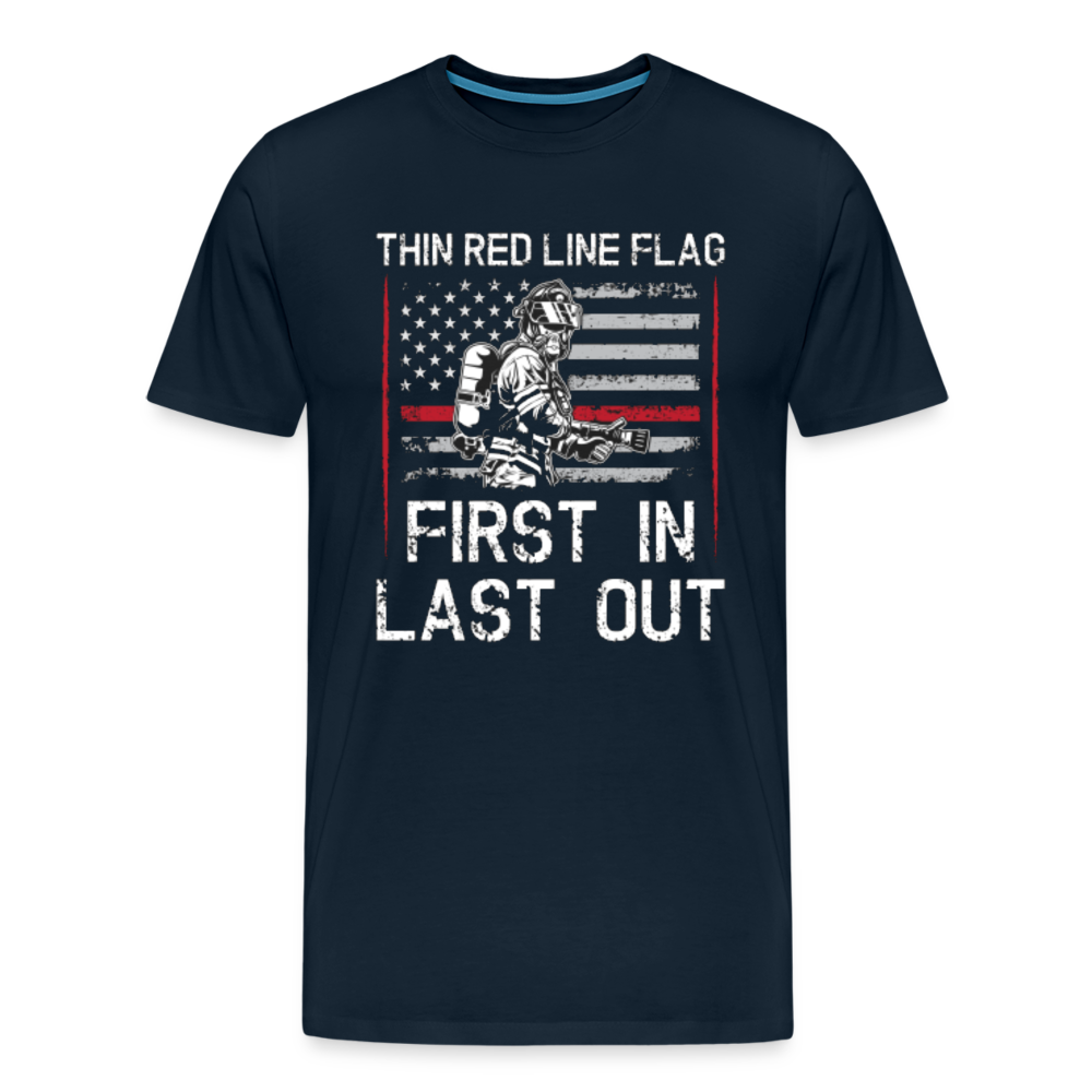 Men's Premium T-Shirt - Thin Red Line Flag - First In - deep navy