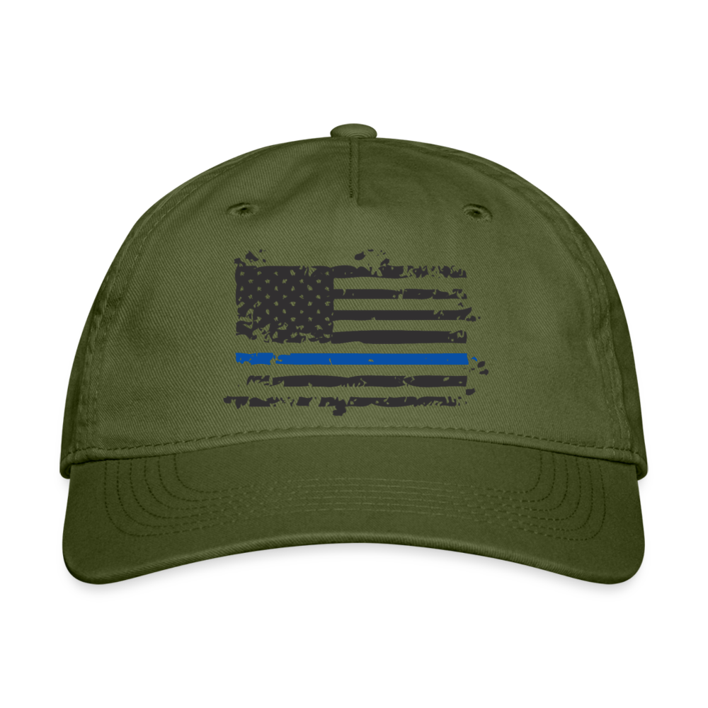 Organic Baseball Cap Snapback - Distressed Thin Blue Line Flag - olive green