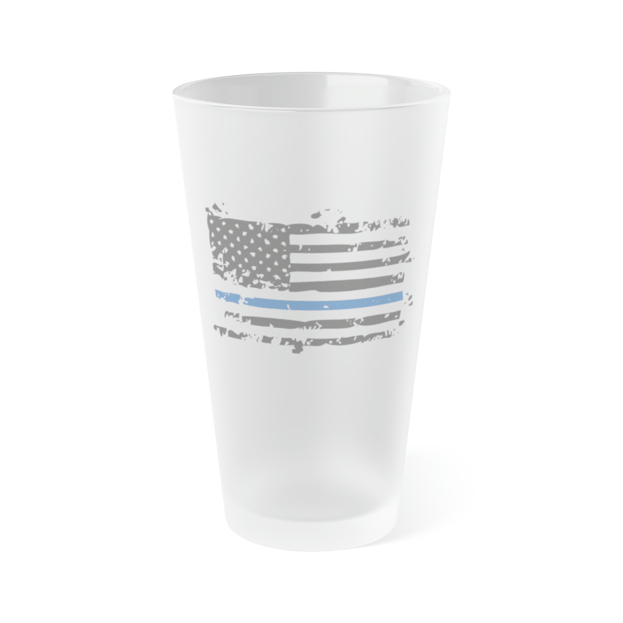 Frosted Pint Glass, 16oz - Distressed Thin Blue Line Flag