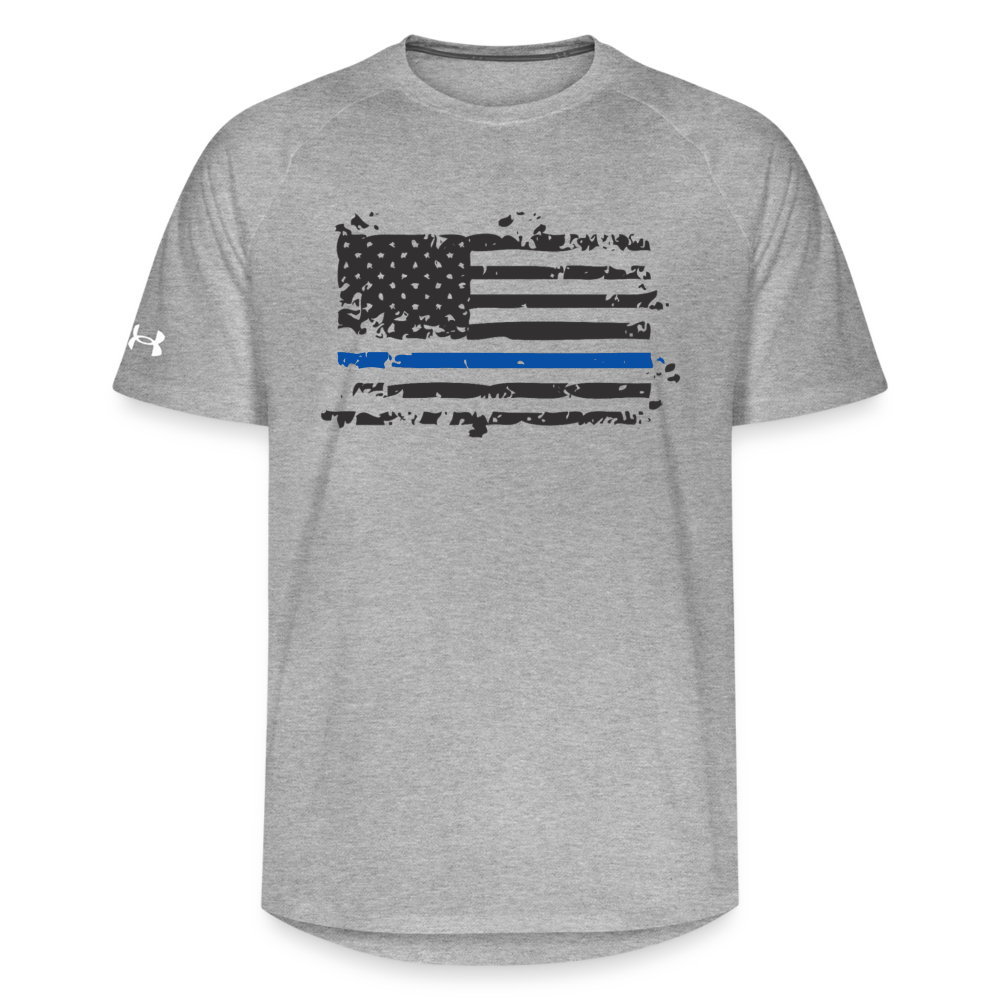 Under Armour Unisex Athletics T-Shirt - Distressed Thin Blue Line Flag - heather gray