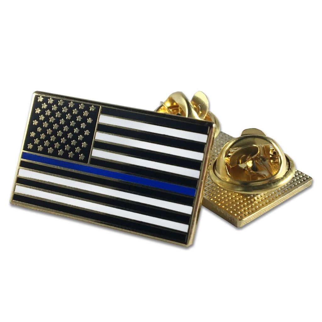 Classic Thin Blue Line American Flag Pin - Double Clutch Backing