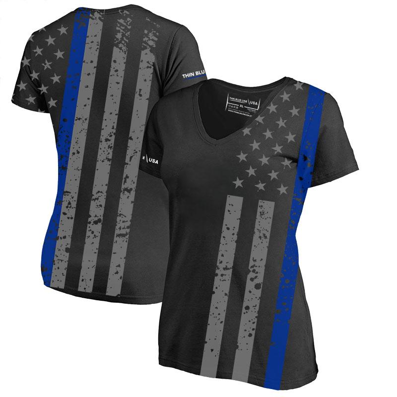Slim Athletic Women's V-Neck Shirt - Distressed Thin Blue Line Flag