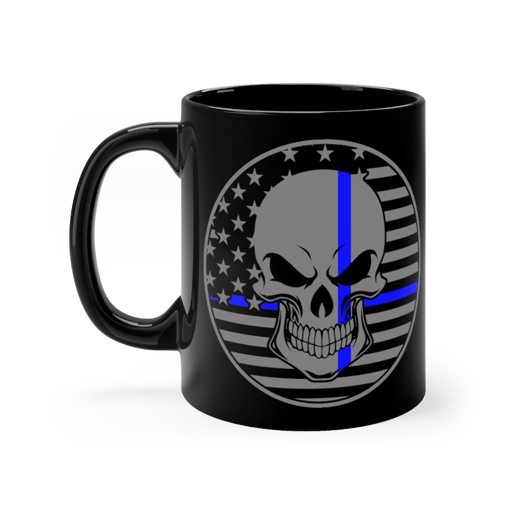 Black mug 11oz - Blue Line Skull Flag