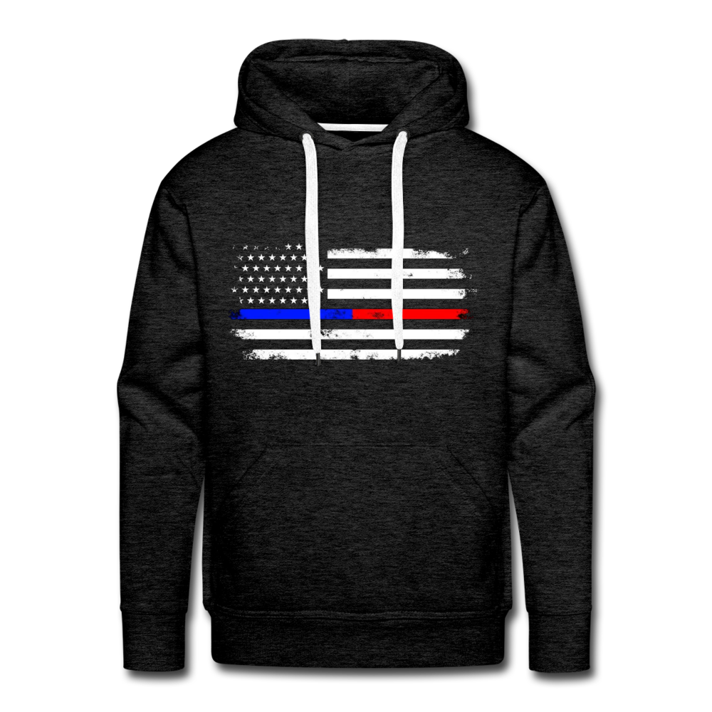 Men’s Premium Hoodie -  Distressed Thin Red Line / Blue Line - charcoal grey