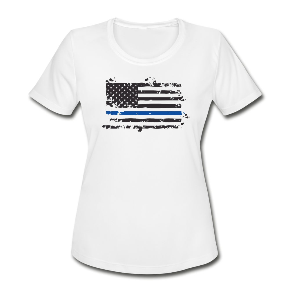 Women's Moisture Wicking Performance T-Shirt - Distressed Blue Line flag - white