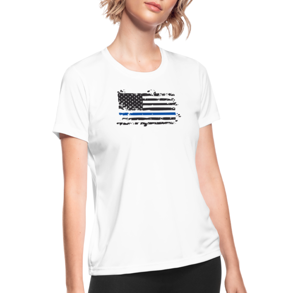 Women's Moisture Wicking Performance T-Shirt - Distressed Blue Line flag - white