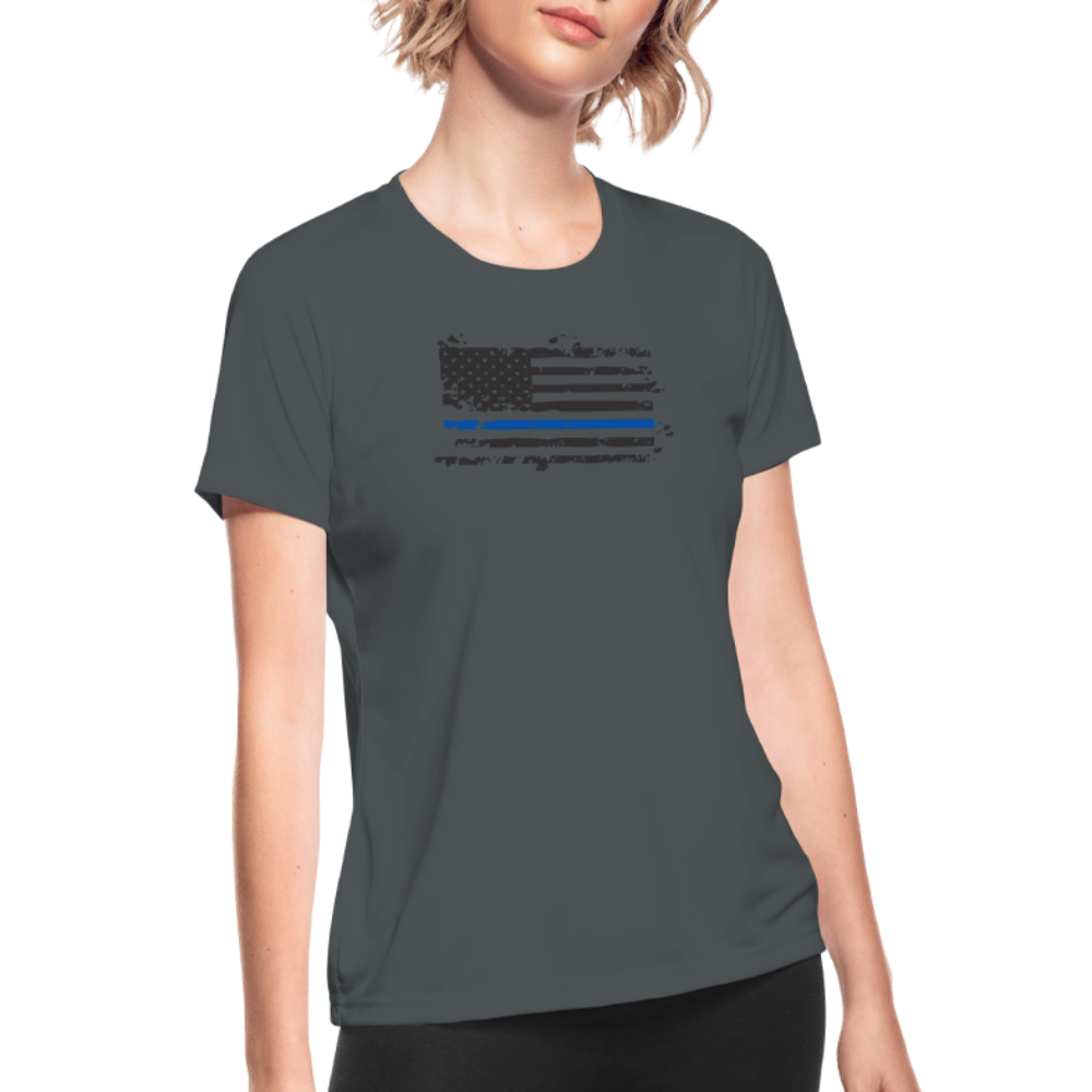 Women's Moisture Wicking Performance T-Shirt - Distressed Blue Line flag - charcoal