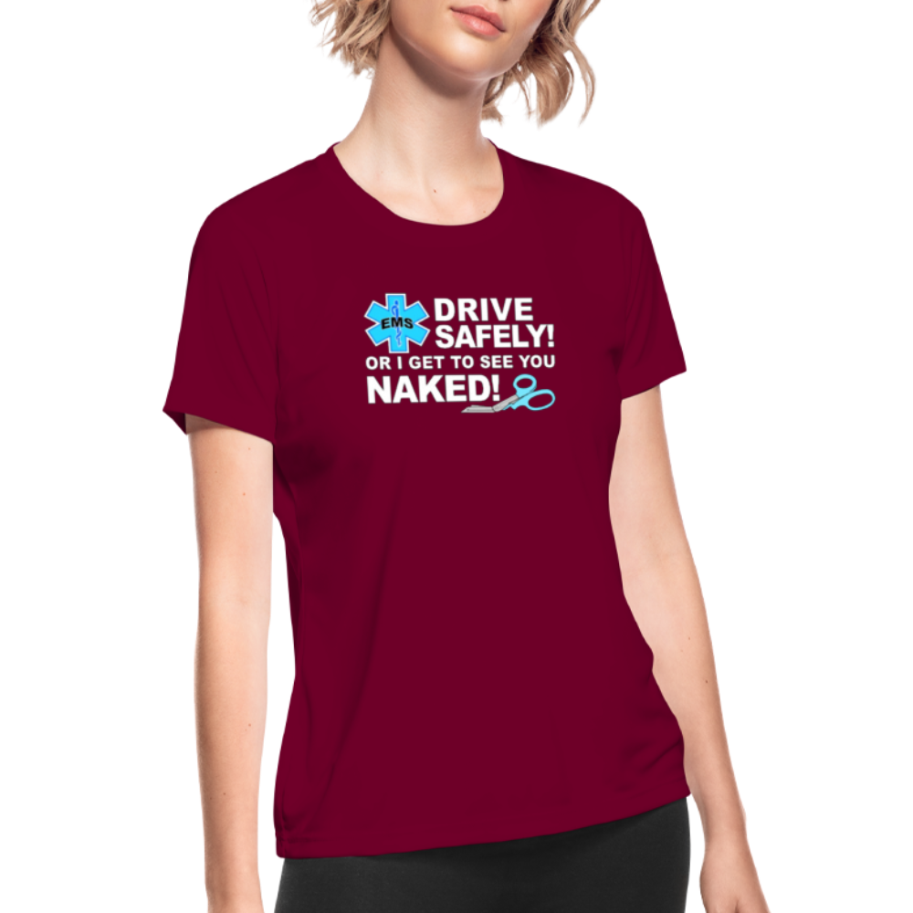 Women's Moisture Wicking Performance T-Shirt - EMS Drive Safely - burgundy