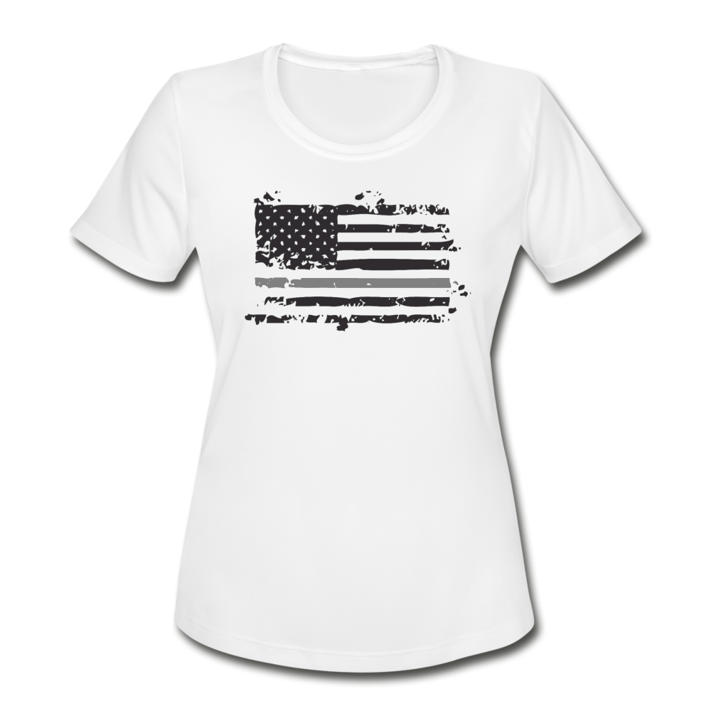 Women's Moisture Wicking Performance T-Shirt - Distressed Gray Line Flag - white