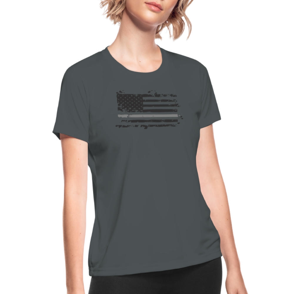Women's Moisture Wicking Performance T-Shirt - Distressed Gray Line Flag - charcoal