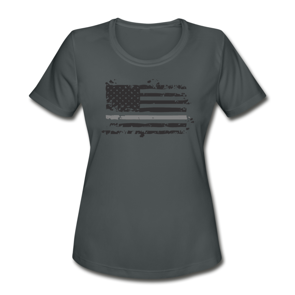 Women's Moisture Wicking Performance T-Shirt - Distressed Gray Line Flag - charcoal