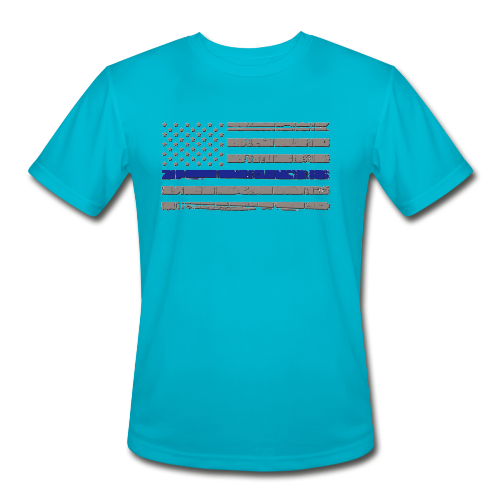 Men’s Moisture Wicking Performance T-Shirt - Distressed Thin Blue line Flag - turquoise