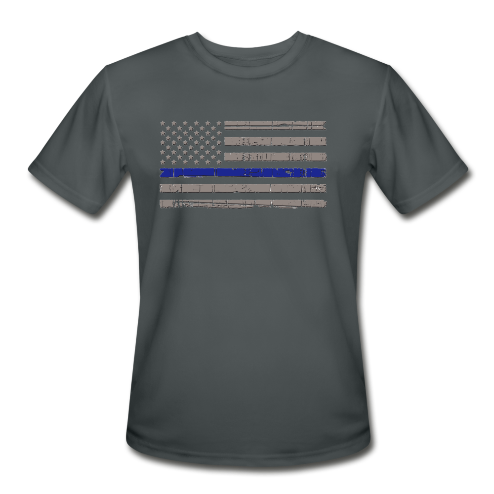 Men’s Moisture Wicking Performance T-Shirt - Distressed Thin Blue line Flag - charcoal