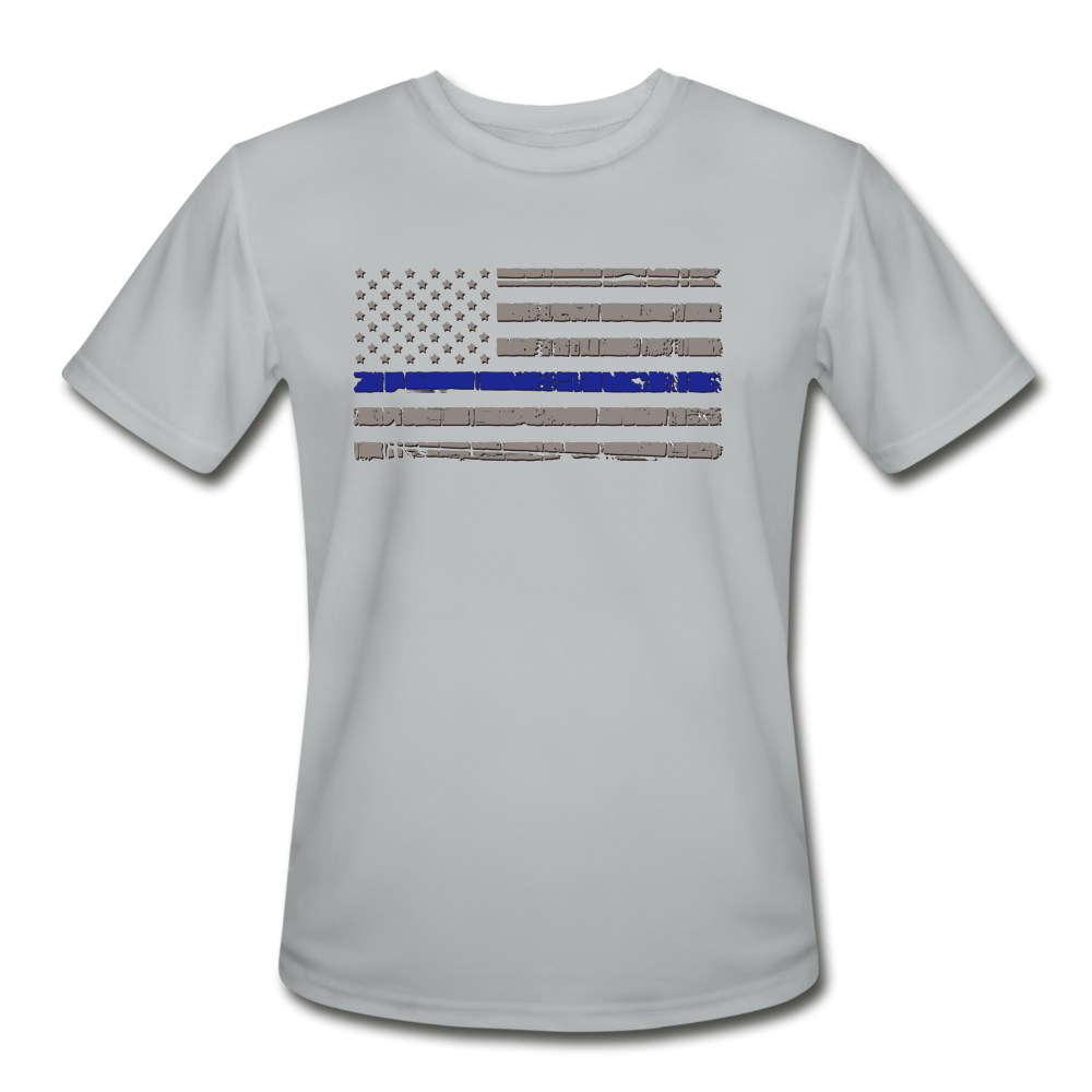 Men’s Moisture Wicking Performance T-Shirt - Distressed Thin Blue line Flag - silver