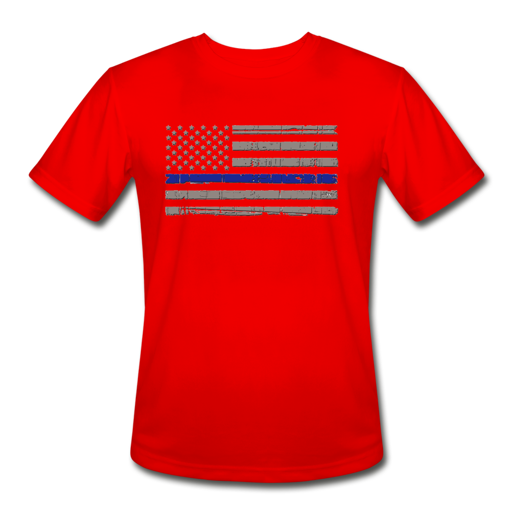 Men’s Moisture Wicking Performance T-Shirt - Distressed Thin Blue line Flag - red