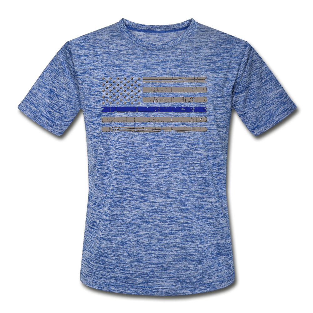 Men’s Moisture Wicking Performance T-Shirt - Distressed Thin Blue line Flag - heather blue
