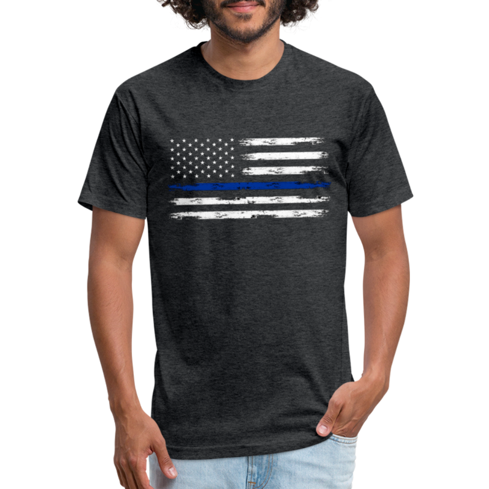 Unisex Poly Cotton T-Shirt by Next Level - Distressed Blue Line Flag - heather black