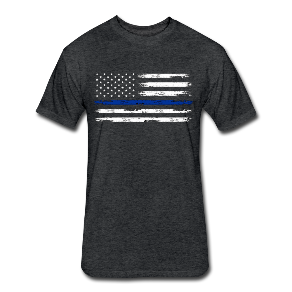 Unisex Poly Cotton T-Shirt by Next Level - Distressed Blue Line Flag - heather black