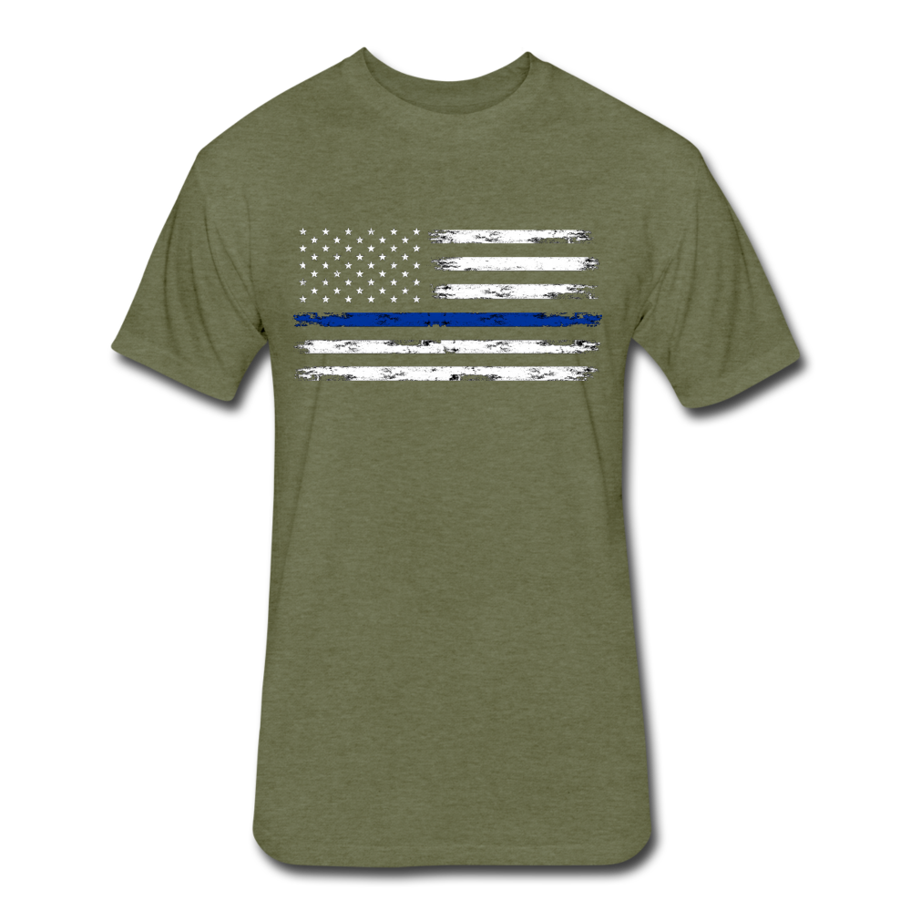 Unisex Poly Cotton T-Shirt by Next Level - Distressed Blue Line Flag - heather military green