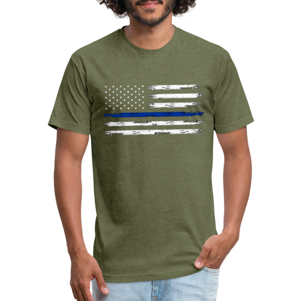 Unisex Poly Cotton T-Shirt by Next Level - Distressed Blue Line Flag - heather military green