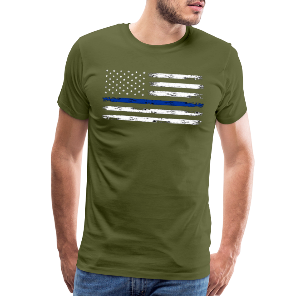 Men's Premium T-Shirt - Distressed Blue Line Flag - olive green