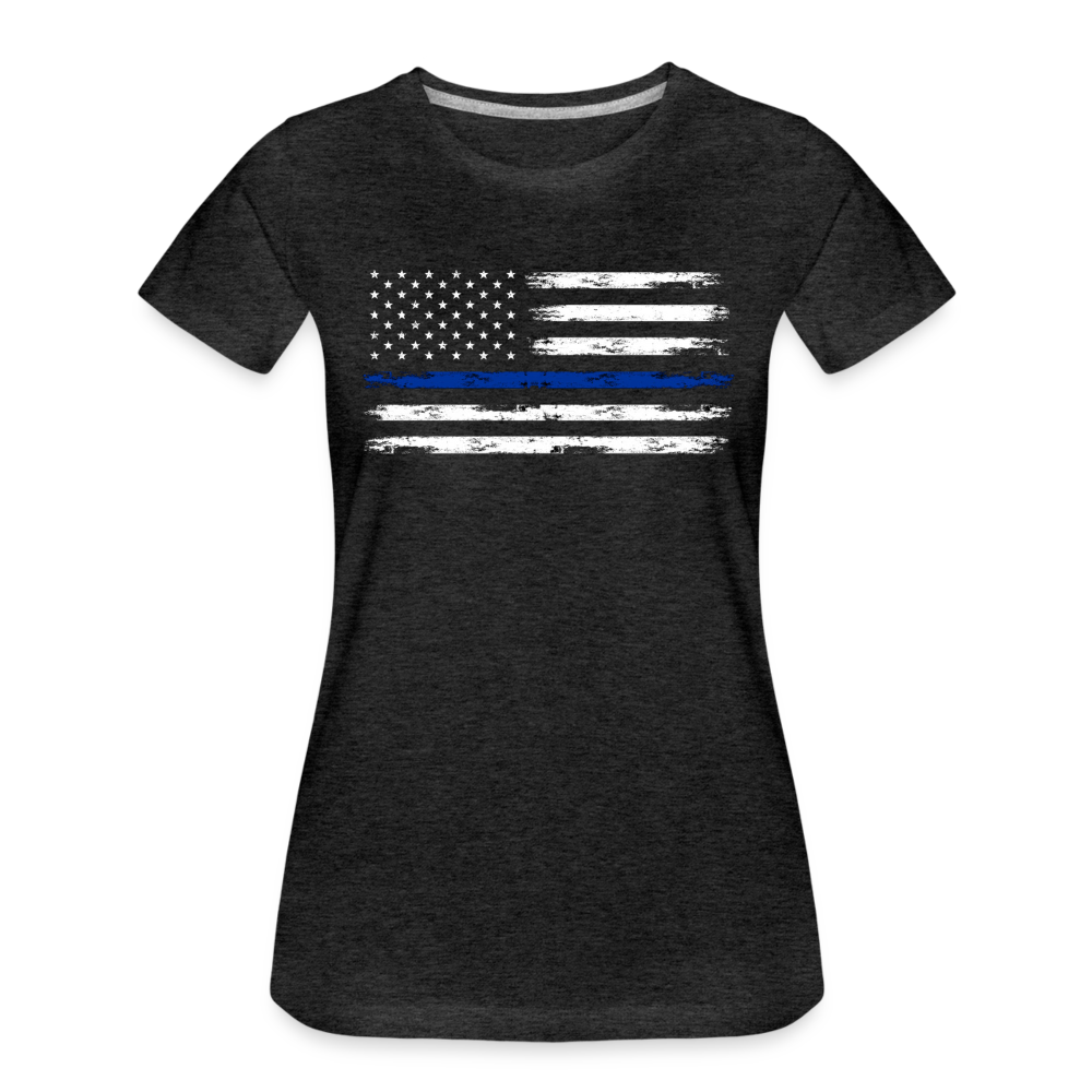 Women’s Premium T-Shirt - Distressed Blue Line Flag - charcoal grey