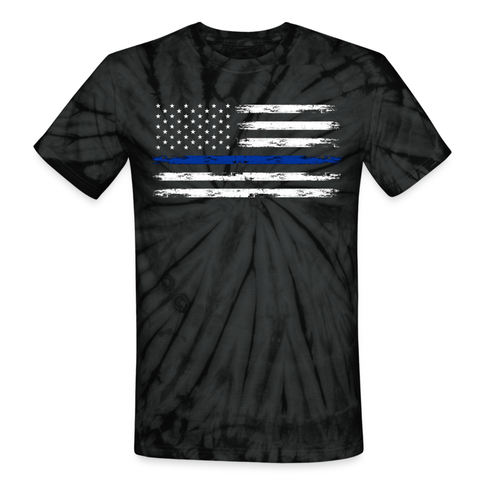 Unisex Tie Dye T-Shirt - Distressed Blue Line Flag - spider black