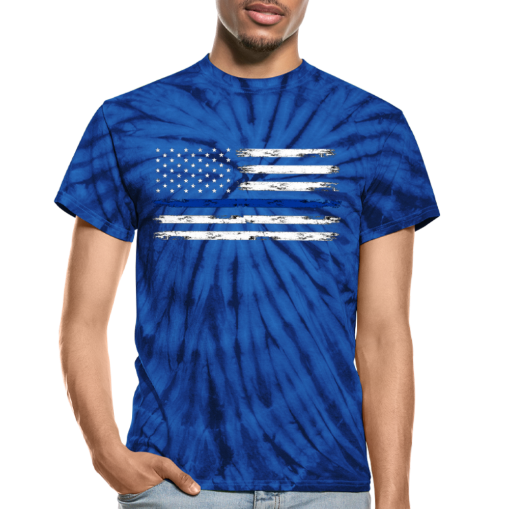 Unisex Tie Dye T-Shirt - Distressed Blue Line Flag - spider blue