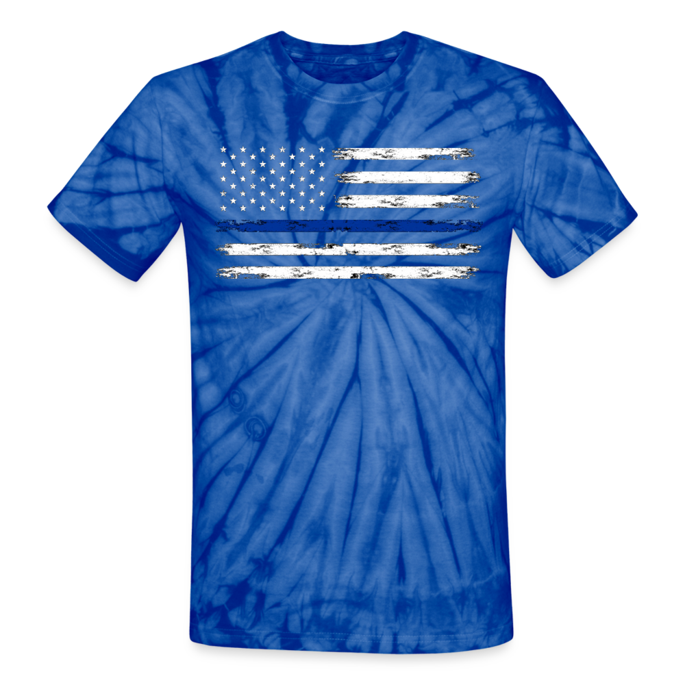 Unisex Tie Dye T-Shirt - Distressed Blue Line Flag - spider blue