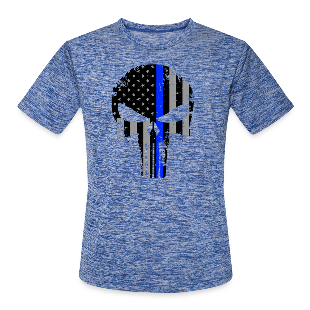 Men’s Moisture Wicking Performance T-Shirt - Punisher Thin Blue Line - heather blue
